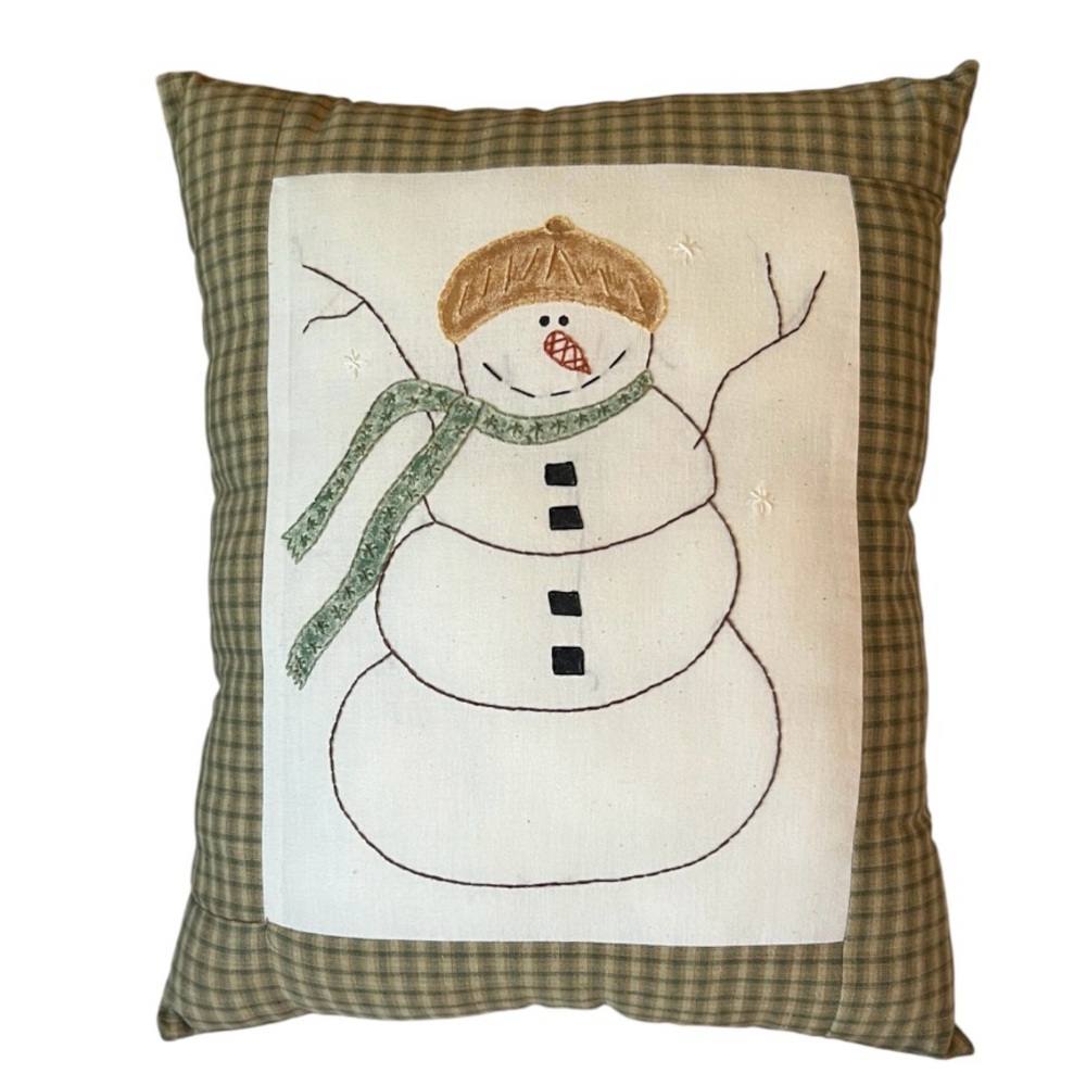Charming Hand Stitched Snowman Holiday Pillow with Green Checkered Design